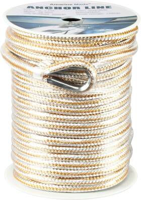 Ab-0657 Amarine Made 1/2 Inch 150ft Double Braid Nylon Rope Anchor Line With Stainless Thimble White/gold