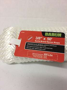 54208 Baron 3/8 Inch X 50ft Solid Braid Nylon Rope Rot Abrasion Petroleum Mildew Resistant