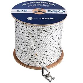Five Oceans 810033304972 Anchor Line 1/2 Inch X 100ft Rope Marine Premium 3-strand White Nylon