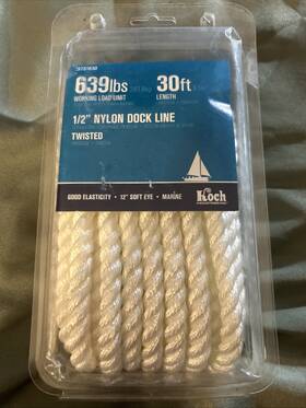 Koch 5731630 30ft 1/2 Inch Nylon Dock Line Industries 639lb Limit