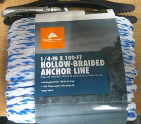 Ot91678 Ozark Trail Anchor Line 1/4 Inch X 100ft Braided Polypropylene Blue White Spring Hook