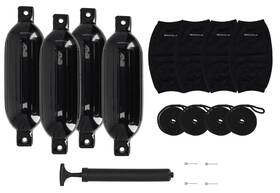 Rockville 810095686252 Fen465-black Boat Fender Package 4 Bumpers 6.5 Inch X23 Covers Lines
