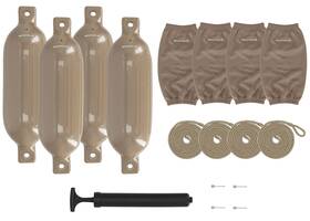 Rockville 810095686313 Fen465-sand Boat Fender Package 4 Bumpers 6.5 Inch X23 Covers Lines