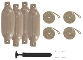 Rockville 810095686696 Fen445-sand Boat Fender Package 4 Bumpers 4.5 Inch X16 Lines Pump