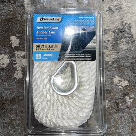 3850nyeye Secure Line New 3/8 Inch X 50ft Twisted Nylon Marine Boat Anchor Rope White With Thimble Eye