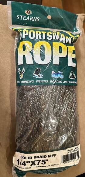 90-216 Stearns Model-g633 1/4 Inch X 75 Ft. Solid Braid Mfp Rope Black. Working Load Lbs. G633