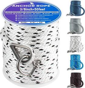 Veithi 727238482247 Anchor Rope 50 Ft X 3/8 Inch Solid Braid Mfp Thimble Shackle White/black