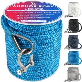 Veithi 727238798140 Anchor Rope 100 Ft X 3/8 Inch Blue Double Braided Line With Sta