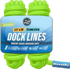 Wrxdl12x20grn Wavesrx 2pk Tr Premium Nylon Boat Dock Lines And Ropes For Docking Neon Green 1/2 Inch X 20