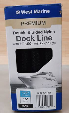 20143384 West Marine 1/2 Inch Premium 15ft Double Braid Nylon Dock Line With 12 Spliced Eye Blk