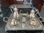 Wilcox Five Piece Silver Plated Set With Tray, On Copper. Fixed Price $292.00.