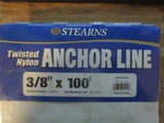 Stearns Twisted Nylon Anchor Line 3/8" X 100' Tensile 3240# Safe Working 648#. Fixed Price $19.99.