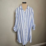 Tahari 1X 100% Linen Blue White Striped Button Down Tunic Shirt Dress. Fixed Price $44.00.