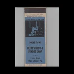 Matchbook Cover 1930S Advance Helm's Body & Fender Shop West Chester Pa. Fixed Price $6.95.